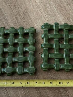 Vintage Green Ceramic Trivets Set 2 Basket Weave Mid Century Hot Pads